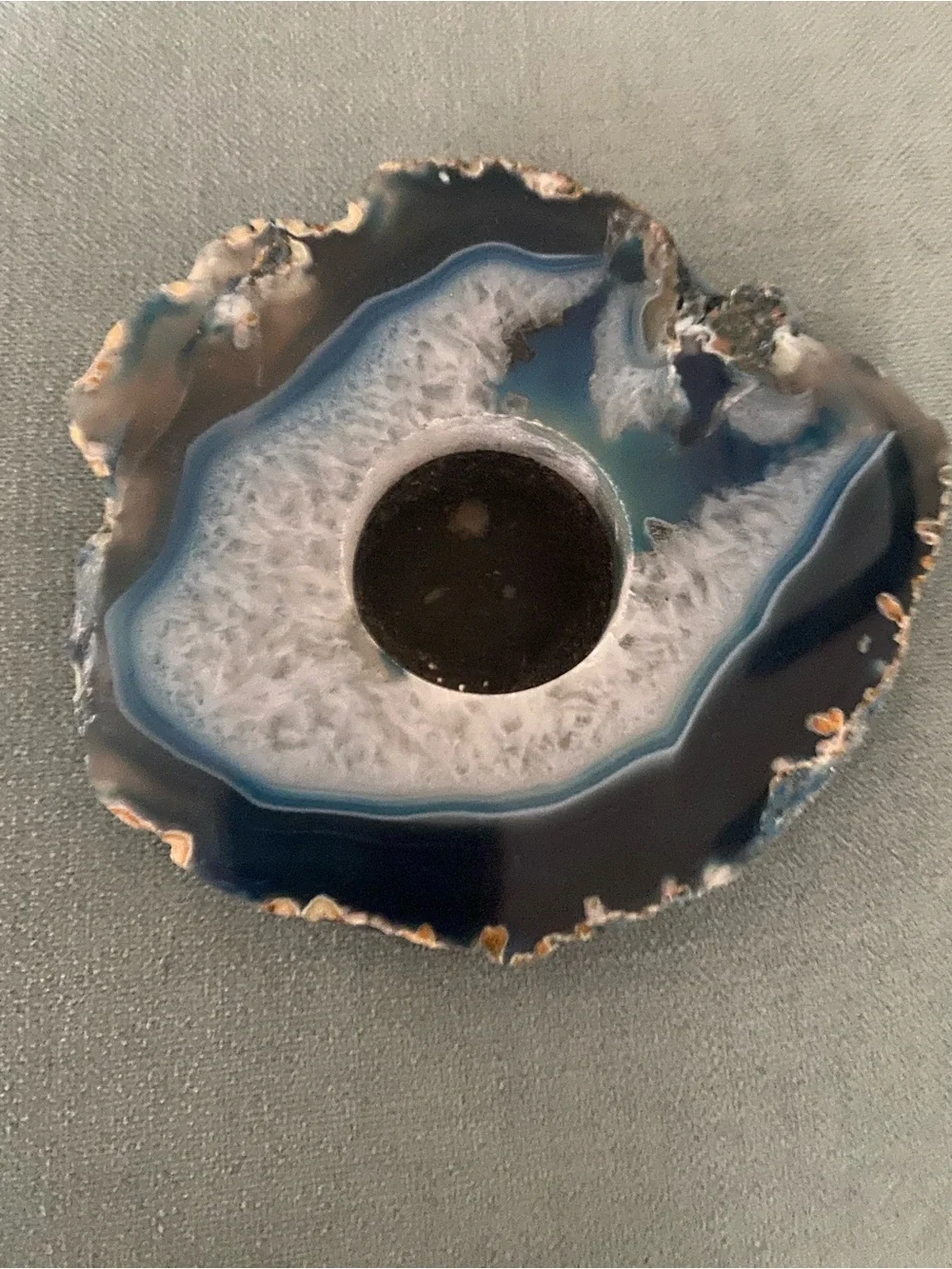 Vintage Blue Agate Slab Candle Holder 5x5 Raw Edge Crystal Geode Tealight